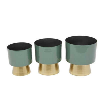 GREEN METAL PLANTER WITH GOLD BASE