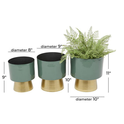 GREEN METAL PLANTER WITH GOLD BASE