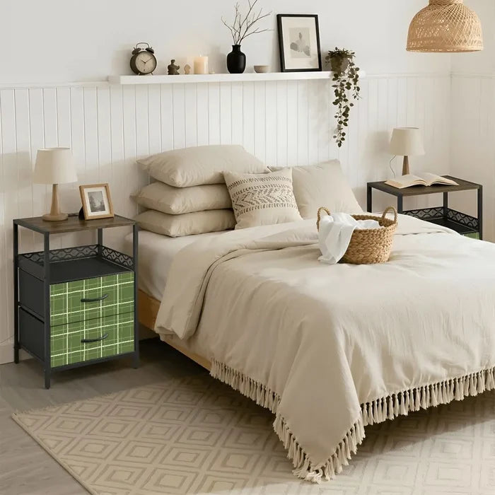 Green Plaid Style Retro 60s Bedside Cabinet with Integrated Power Access - retro bedside table