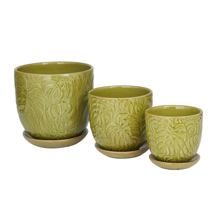 GREEN PORCELAIN INDOOR OUTDOOR PLANTER WITH ATTACHED SAUCER