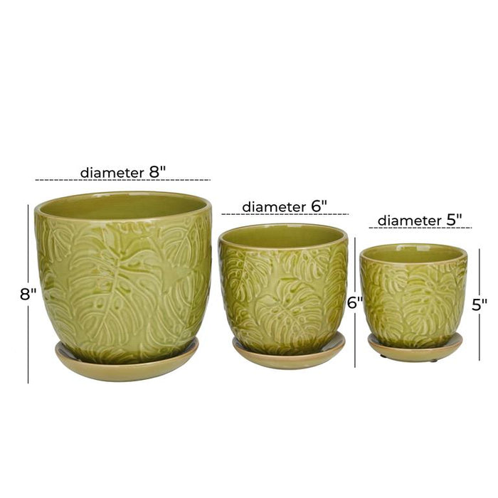 GREEN PORCELAIN INDOOR OUTDOOR PLANTER WITH ATTACHED SAUCER