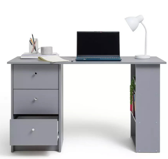 Home Malibu 3 Drawer Office Desk - Grey | Compact Desk for Work or Home Office