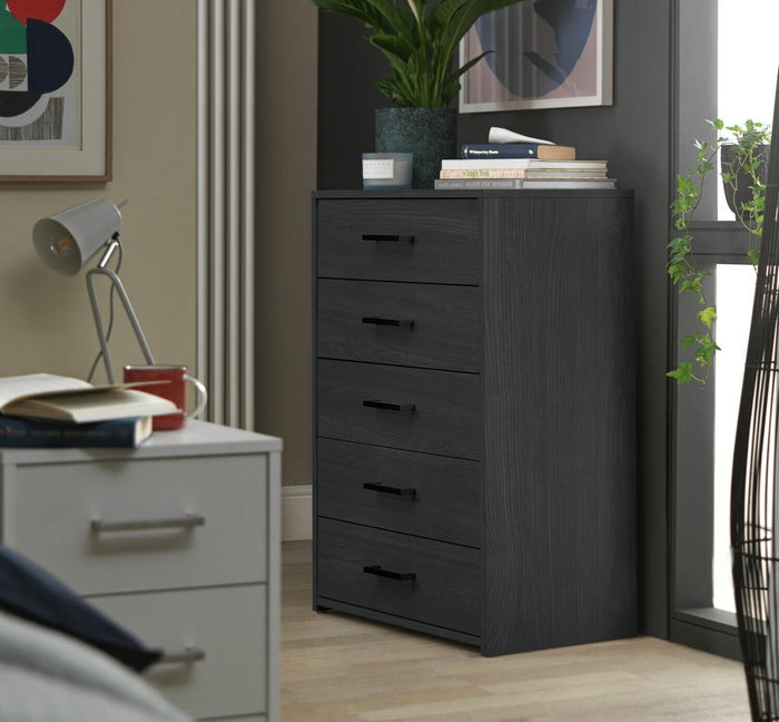 Home Oslo 5 Drawer Chest Black Oak Effect | Modern Furniture Storage Dresser