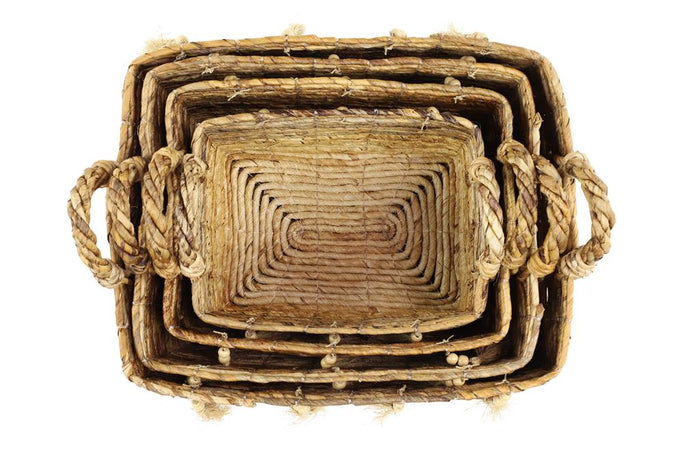 LARGE, RECTANGULAR NATURAL BROWN & BEIGE BANANA LEAF STORAGE BASKETS W/ WOOD BEADS
