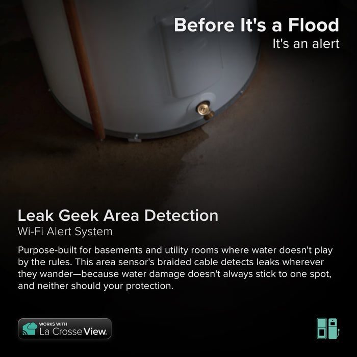 Leak Geek alert and monitoring system has a water detection sensor that detects water along the entire length of the braided cable through a temp and humidity sensor shown here  at the base of a water heater works with a Bridge gateway and the La Crosse View app