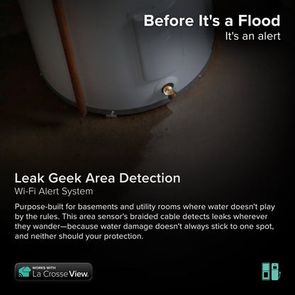 Leak Geek alert and monitoring system has a water detection sensor that detects water along the entire length of the braided cable through a temp and humidity sensor shown here  at the base of a water heater works with a Bridge gateway and the La Crosse View app