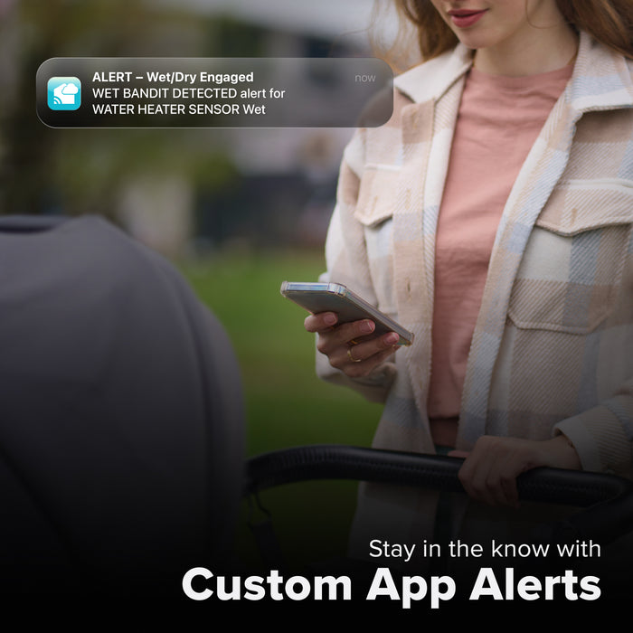 La Crosse Technology Alert and Monitoring system showing a female pushing a stroller looking at her smartphone receiving an alert that her area water leak detection sensor indicates that conditions had changed from dry to wet with text that says stay in the know with Custom Alerts