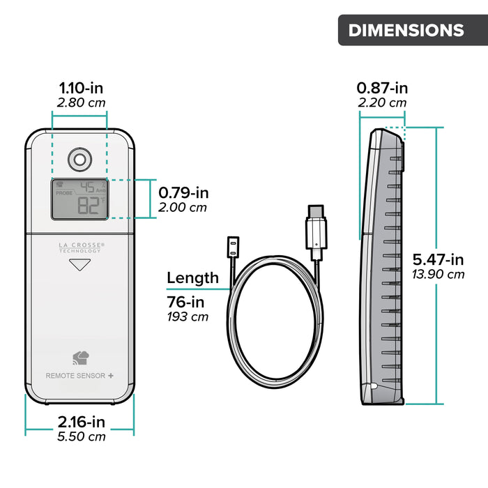 Drawing of an alert and monitoring system area water detection contact sensor with ambient temperature and humidity showing a front and side view of the sensor and an arial view of the water leak cable with dimensions in inches and centimeters