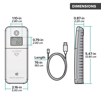 Drawing of an alert and monitoring system area water detection contact sensor with ambient temperature and humidity showing a front and side view of the sensor and an arial view of the water leak cable with dimensions in inches and centimeters