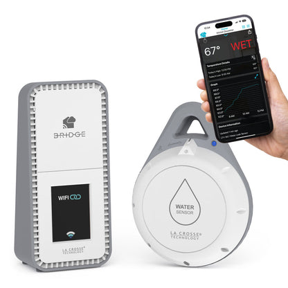 Leak Geek alert and monitoring system helps detect water in that trouble spot with a water spot detection sensor that works with the Bridge gateway and the La Crosse View app