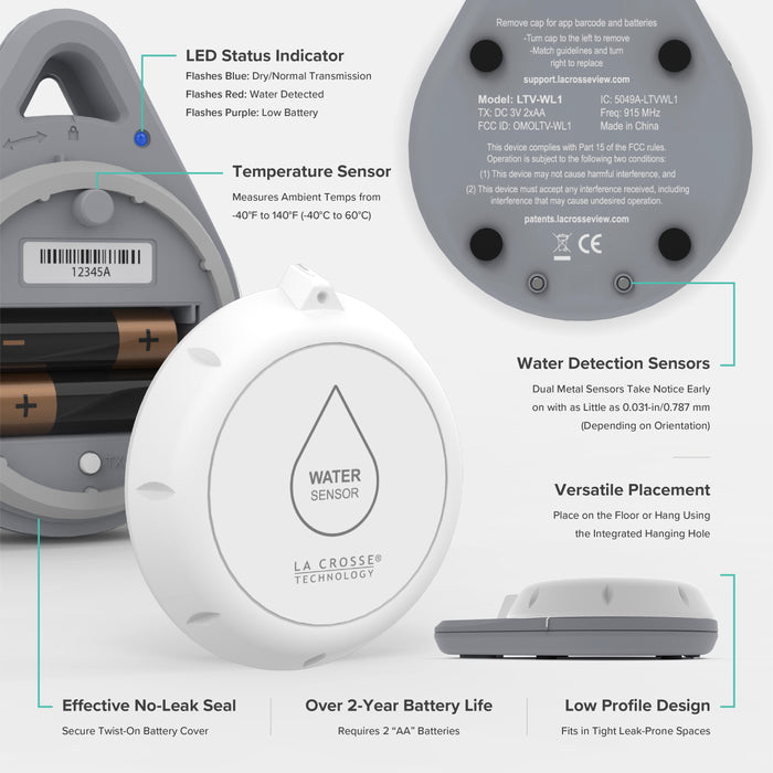 Angled front view back view and side view of a white and gray La Crosse Technology alert and monitoring system spot water leak detection sensor showing the cover removed to reveal the battery compartment the back view showing the function of the sensor contacts with feature text call outs