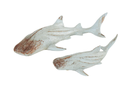 LIGHT BLUE POLYSTONE SHARK DISTRESSED CARVED SCULPTURE WITH BROWN WOOD INSPIRED ACCENTS