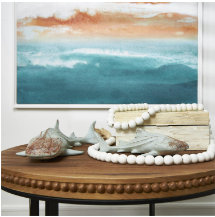 LIGHT BLUE POLYSTONE SHARK DISTRESSED CARVED SCULPTURE WITH BROWN WOOD INSPIRED ACCENTS