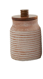 LIGHT BROWN CERAMIC DECORATIVE JARS WITH WOOD LIDS