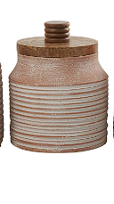 LIGHT BROWN CERAMIC DECORATIVE JARS WITH WOOD LIDS