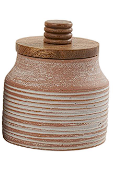 LIGHT BROWN CERAMIC DECORATIVE JARS WITH WOOD LIDS