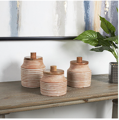 LIGHT BROWN CERAMIC DECORATIVE JARS WITH WOOD LIDS