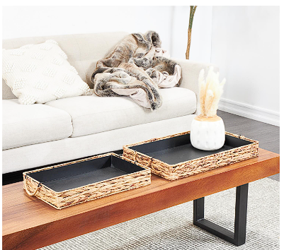 LIGHT BROWN SEAGRASS HANDMADE NESTING TRAY WITH BLACK WOOD INTERIORS