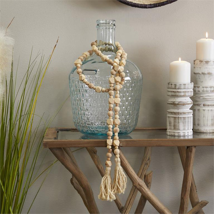 LIGHT BROWN WOOD GEOMETRIC HANDMADE BEADED GARLAND WITH TASSEL