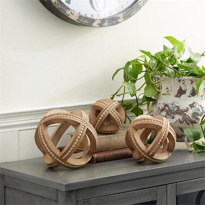 LIGHT BROWN WOOD GEOMETRIC HANDMADE BEADED SCULPTURE