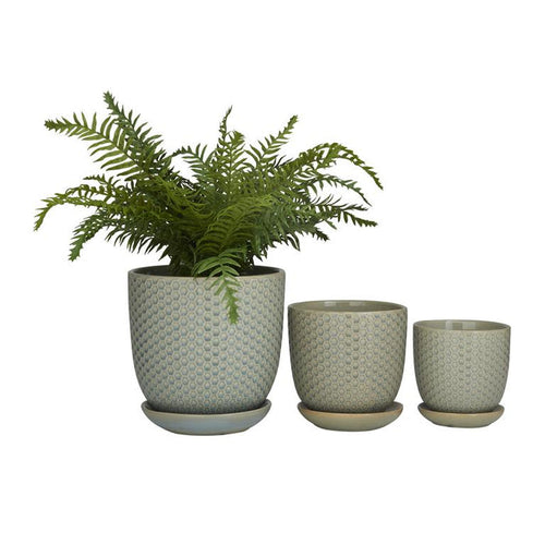 LIGHT GRAY PORCELAIN INDOOR OUTDOOR PLANTER WITH ATTACHED SAUCER