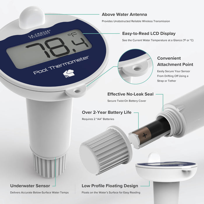 Profile view, angled top down view and side view of the battery compartment of a white and blue La Crosse Technology alert and monitoring system pool temperature sensor showing an LCD screen reading 78.4 degrees Fahrenheit with feature call out text