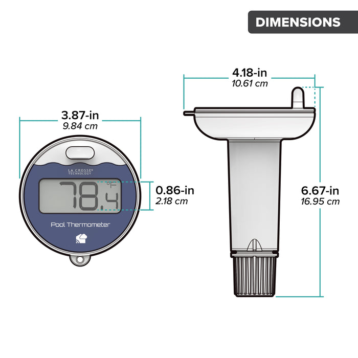 Drawing of a pool temperature sensor with a temperature reading of 78.4 degrees Fahrenheit showing the top view and side view with dimensions in inches and centimeters