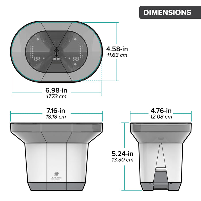 Drawing of an alert and monitoring system rain gauge sensor viewed from the front and the side with an arial view showing the rain collection bucket with dimensions in inches and centimeters
