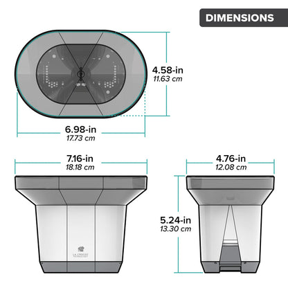 Drawing of an alert and monitoring system rain gauge sensor viewed from the front and the side with an arial view showing the rain collection bucket with dimensions in inches and centimeters