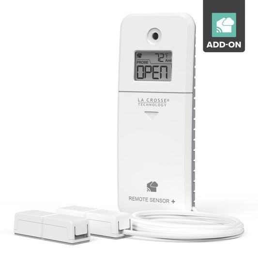 White magnetic open close sensor with digital display showing open statuw and ambient temperature