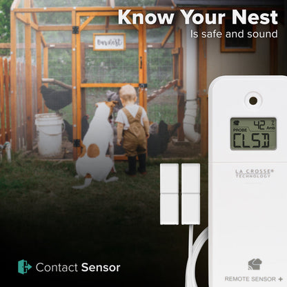 A contact sensor to monitor open or closed conditions with ambient temperature and humidity in the foreground with an LCD screen showing CLSD and 42 percent humidity with a toddler boy and a dog standing outside of a chicken coop in the background with promotional text know your nest works with a Bridge gateway and the La Crosse View app