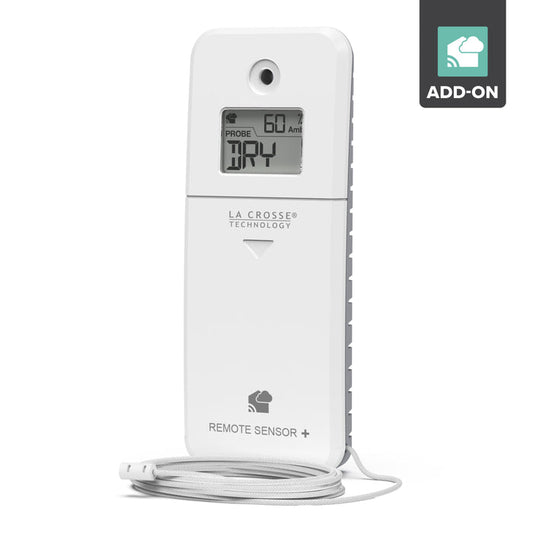 La Crosse Technology alert and monitoring system white digital water area leak sensor with display showing DRY and ambient humidity
