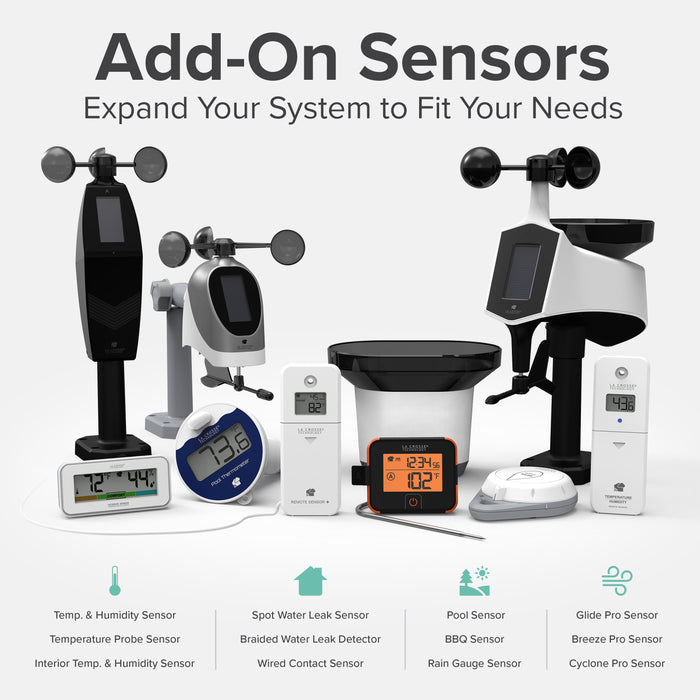 La Crosse Technology Alert and Monitoring System add on sensors that work with a gateway either a wi-fi connected weather station or a bridge gateway as part of the system to monitor conditions with custom alerts and the La Crosse View app
