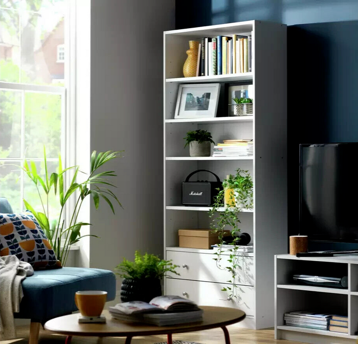 Maine 5 Shelf Bookcase With 2 Drawers Storage Unit Display Cabinet - Oak Effect