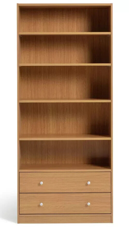 Maine 5 Shelf Bookcase With 2 Drawers Storage Unit Display Cabinet - Oak Effect