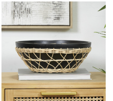 MANGO WOOD HANDMADE DECORATIVE BOWL WITH WOVEN ROPE ACCENTS, 12" X 12" X 5"