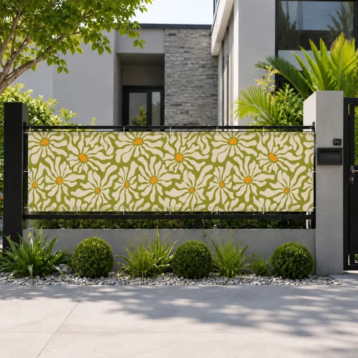 Mid-Century Floral Balcony Privacy Screen – Retro Weatherproof Railing Cover - Retro Privacy Screen