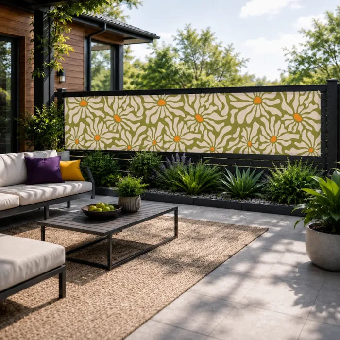 Mid-Century Floral Balcony Privacy Screen – Retro Weatherproof Railing Cover - Retro Privacy Screen