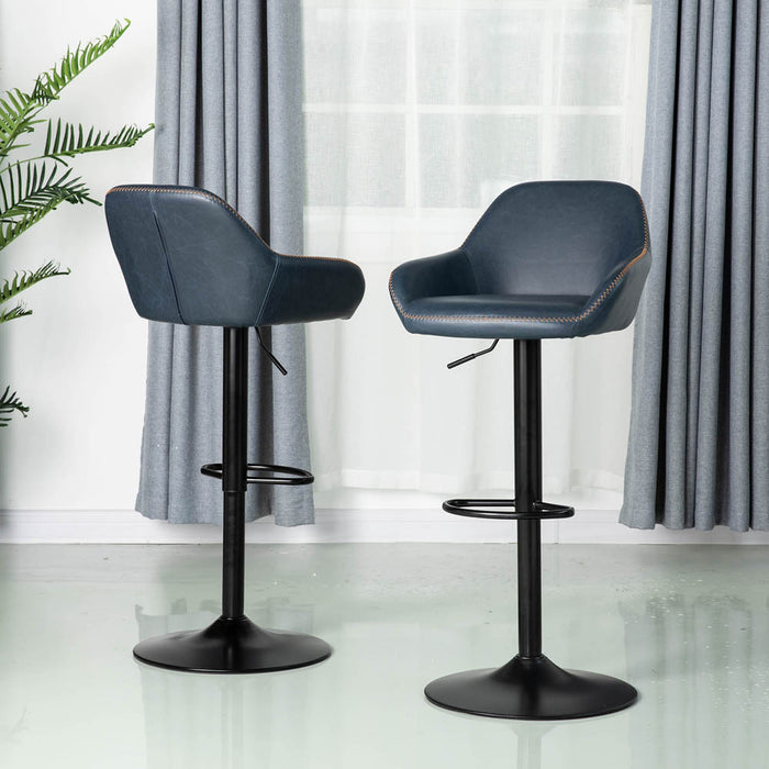 Mid-Century Modern Navy Blue Leatherette Gaslift Adjustable Swivel Bar Stool, Set of 2