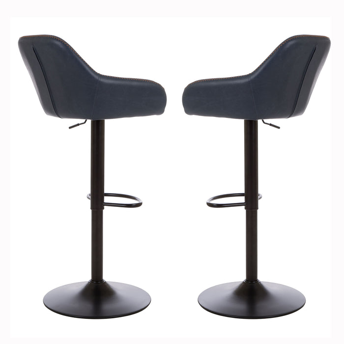 Mid-Century Modern Navy Blue Leatherette Gaslift Adjustable Swivel Bar Stool, Set of 2