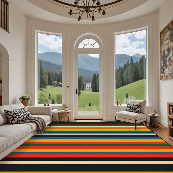 Midcentury 70s Striped Retro Rug 12x9 ft – Large Non-Slip Room Carpet - retro rug