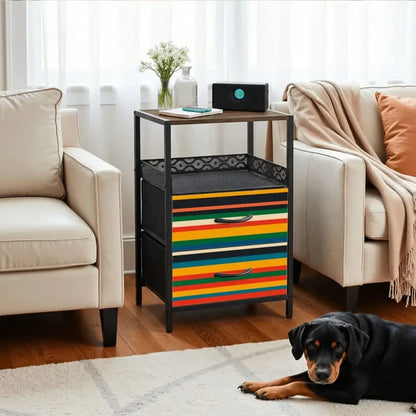 Midcentury Nightstand with Built-In Power & Retro 70s Stripes Front - retro bedside table