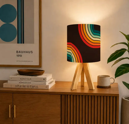 Midcentury Rainbow Retro Table Lamp – Wood Tripod Base Linen Shade - retro table lamps
