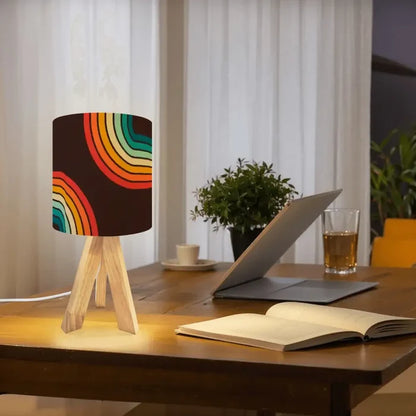 Midcentury Rainbow Retro Table Lamp – Wood Tripod Base Linen Shade - retro table lamps