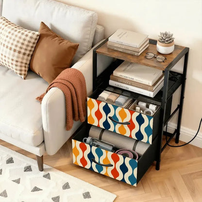Midcentury Side Table with Power Outlets - Nightstand With Two Drawers - retro bedside table