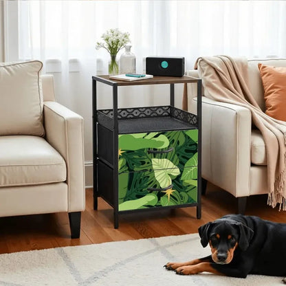 Monstera Leaf Print Nightstand with Built-In Power & Retro Front - retro bedside table