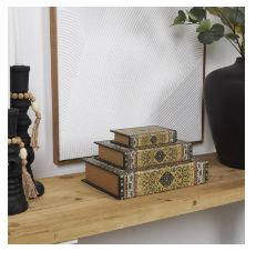 MULTI COLORED CANVAS STORAGE BOOK BOX WITH ARABESQUE PATTERN AND GOLD PAGE INSPIRED DETAIL