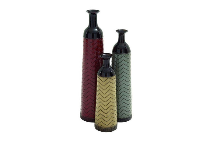 MULTI COLORED METAL TALL ENAMELED BOTTLENECK FLOOR VASE WITH CHEVRON PATTERN