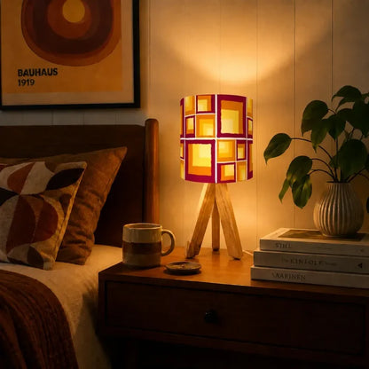 Orange Sqaures Retro 70s Midcentury Tripod Table Lamp – Smart LED Remote - retro table lamps