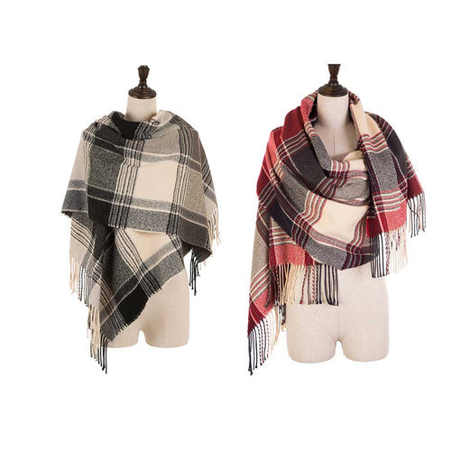 Oversized Fashion Multicolor Plaid Scarf with Tassels, Set of 2